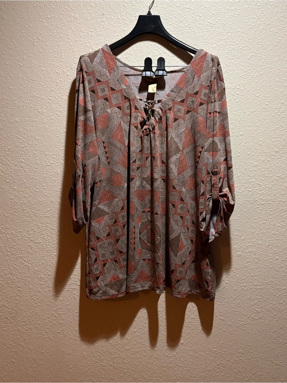Miss Tina Geo Lace-Up Peasant Blouse in Rust and Beige